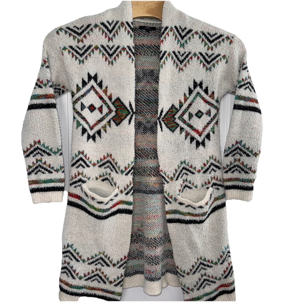 MM by My Michelle Cardigan Women Size M White Southwestern Aztec Longline Fuzzy